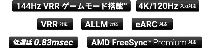 144Hz VRR ゲームモード搭載*5 / 4K/120Hz 入力対応 / VRR 対応 / ALLM 対応 / eARC 対応 / 低遅延 0.83msec / AMD FreeSync&trade;  Premium 対応