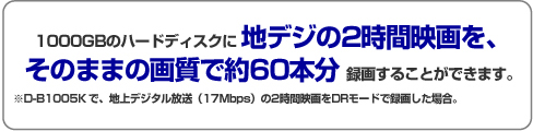 1000GB�n�[�h�f�B�X�N�ɒn�f�W2���ԉf����A���̂܂܂̉掿�Ŗ�60�{���^�悷�邱�Ƃ��ł��܂��B��D-B1005K/BW1005K�ŁA�n��f�W�^�������i17Mbps�j��2���ԉf���DR���[�h�Ř^�悵���ꍇ�B
