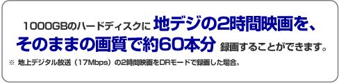 1000GB�n�[�h�f�B�X�N�ɒn�f�W2���ԉf����A���̂܂܂̉掿�Ŗ�60���^�悷�邱�Ƃ��ł��܂��B��D-BW1005K�ŁA�n��f�W�^�������i17Mbps�j��2���ԉf���DR���[�h�Ř^�悵���ꍇ�B