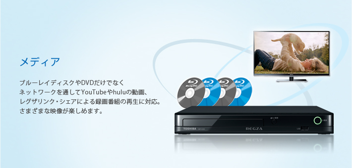 メディア --ブルーレイディスクやDVDだけでなくネットワークを通してYouTubeやhuluの動画レグザリンク・シェアによる録画番組の再生に対応。さまざまな映像が楽しめます。