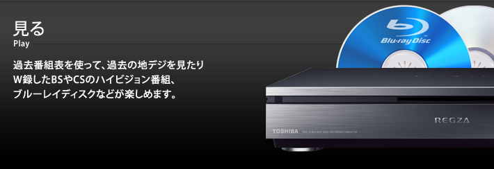 見る play 過去番組表を使って、過去の地デジを見たりW録したBSやCSのハイビジョン番組、ブルーレイディスクなどが楽しめます。