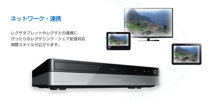 ネットワーク・連携 -- レグザタブレットやレグザとの連携にぴったりのレグザリンク・シェア配信対応
視聴スタイルが広がります。