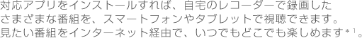 対応アプリをインストールすれば、自宅のレコーダーで録画したさまざまな番組を、スマートフォンやタブレットで視聴できます。見たい番組をインターネット経由で、いつでもどこでも楽しめます*1。