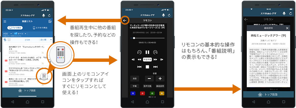 画面上のリモコンアイコンをタップすれば、すぐにリモコンとして使える！気になる番組の情報も、スマートフォンで確認すれば、視聴をさえぎりません！