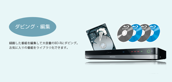 ダビング・編集 -- 録画した番組を編集して大容量のBD-Rにダビング。お気に入りの番組をライブラリ化できます。