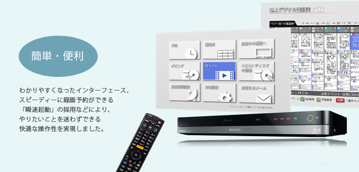 簡単・便利 -- わかりやすくなったインターフェース、スピーディーに録画予約ができる「瞬速起動」の採用などにより、やりたいことを迷わずできる快適な操作性を実現しました。