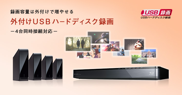 外付けUSBハードディスク録画－4台同時接続対応　録画容量は外付けで増やせる