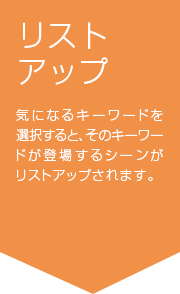 リストアップ 気になるキーワードを選択すると、そのキーワードが登場するシーンがリストアップされます。