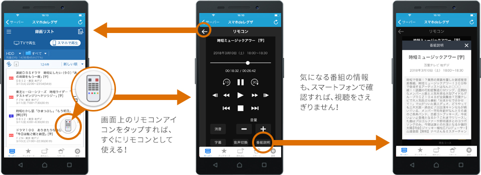 画面上のリモコンアイコンをタップすれば、すぐにリモコンとして使える！気になる番組の情報も、スマートフォンで確認すれば、視聴をさえぎりません！