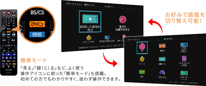 簡単モード 「見る」「録(と)る」など、よく使う操作アイコンに絞った「簡単モード」も搭載。初めての方でもわかりやすく、迷わず操作できます。