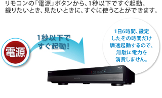リモコンの「電源」ボタンから、1秒以下ですぐ起動。録りたいとき、見たいときに、すぐに使うことができます。1秒以下ですぐ起動!1日6時間、設定したその時間だけ瞬速起動するので、無駄に電力を消費しません。※機種によって起動時間は異なります。