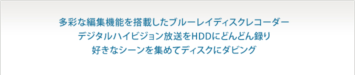 多彩な編集機能を搭載したブルーレイディスクレコーダー
デジタルハイビジョン放送をHDDにどんどん録り好きなシーンを集めてディスクにダビング