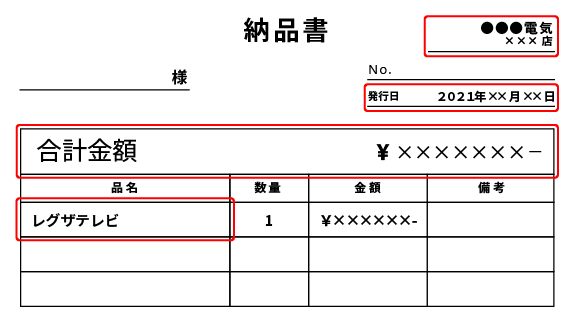 「購入年月日、商品形名、購入金額、販売店名、店舗名」が確認できる納品書のサンプル