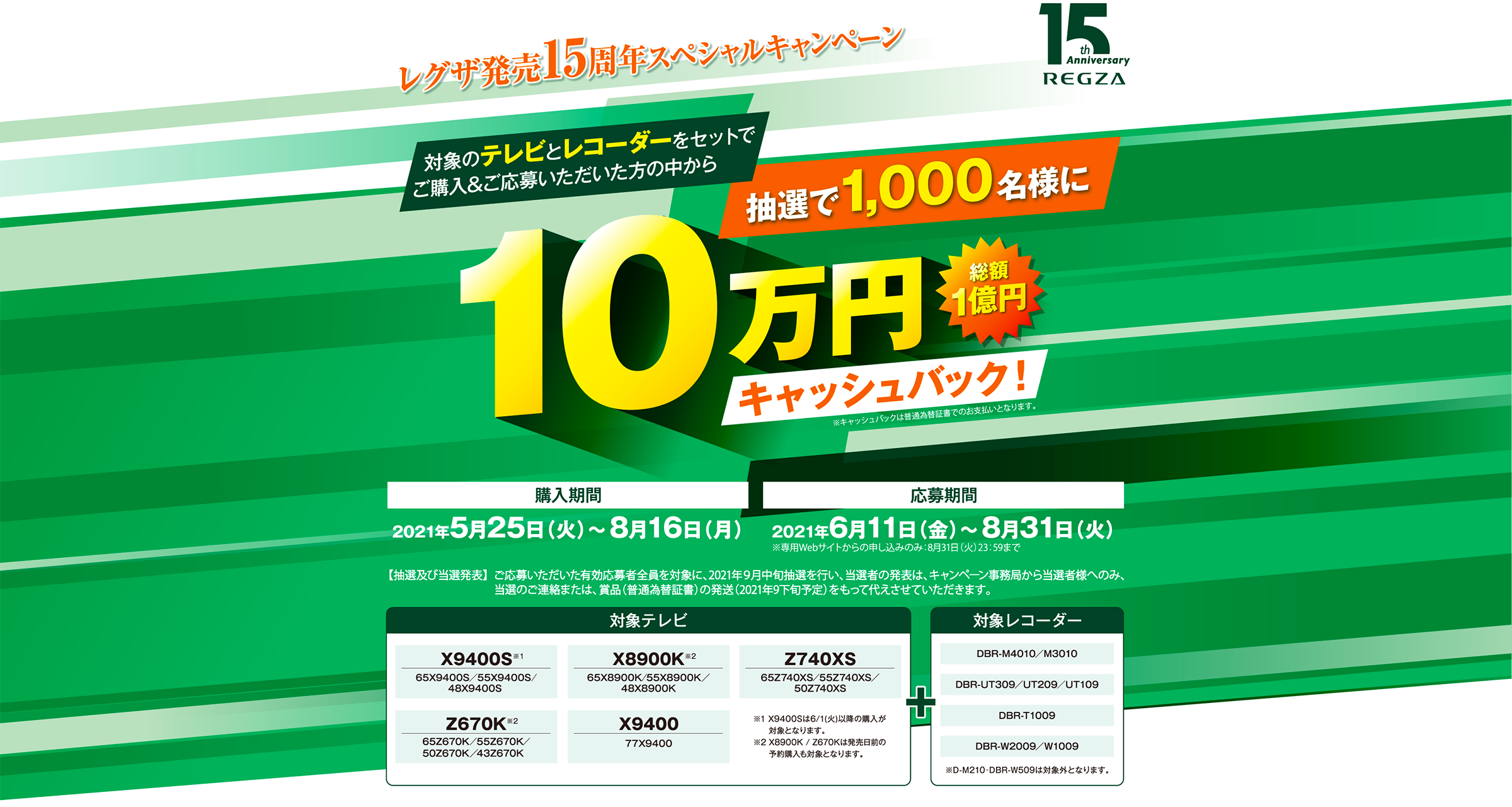 対象のテレビとレコーダーをセットでご購入&ご応募いただいた方の中から抽選で1,000名様に10万円キャッシュバック! 総額1億円 ※キャッシュバックは普通為替証書でのお支払いとなります。