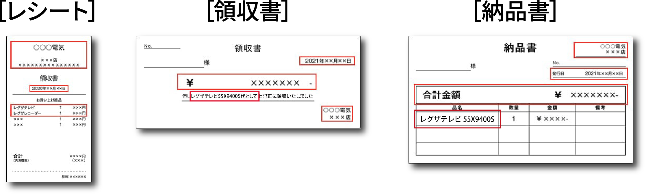 ［レシート］［領収書］［納品書］