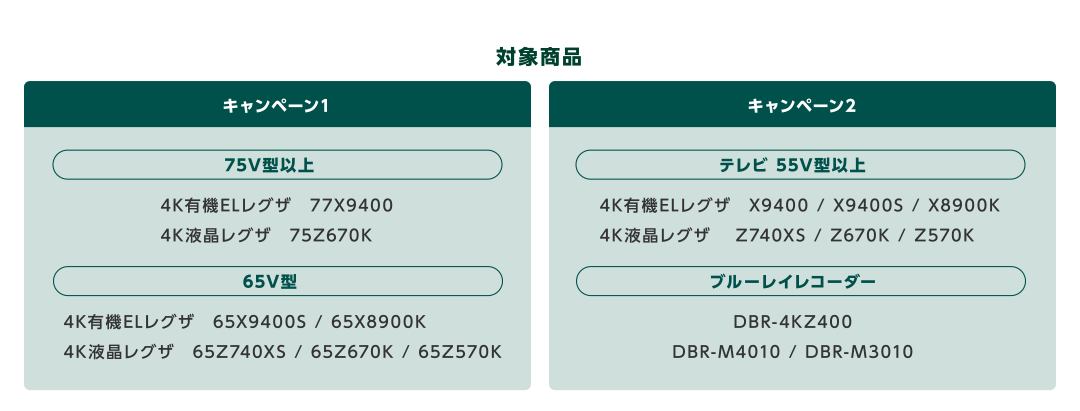 【対象商品】 キャンペーン1 75V型以上 4K有機ELレグザ 77X9400 4K液晶レグザ 75Z670K 65V型 4K有機ELレグザ 65X9400S / 65X8900K 4K液晶レグザ 65Z740XS / 65Z670K / 65Z570K | キャンペーン2 テレビ 55V型以上 4K有機ELレグザ X9400 / X9400S / X8900K 4K液晶レグザ Z740XS / Z670K / Z570K ブルーレイレコーダー DBR-4KZ400 / DBR-M4010 / DBR-M3010