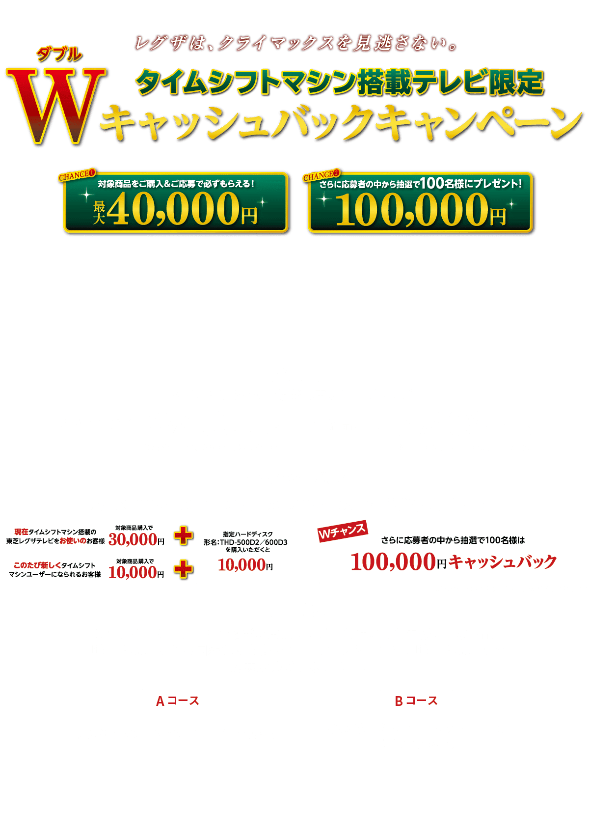 タイムシフトマシン搭載テレビ限定 ダブルキャッシュバックキャンペーン　チャンス1：対象商品をご購入＆ご応募で必ずもらえる! 最大40,000円　チャンス2：さらに応募者の中から抽選で100名様にプレゼント! +100,000円