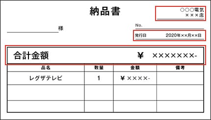 「購入年月日、商品形名、購入金額、販売店名、店舗名」が確認できる納品書のサンプル