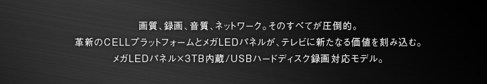 画質、録画、音質、ネットワーク。そのすべてが圧倒的。革新のCELLプラットフォームとメガLEDパネルが、テレビに新たなる価値を刻み込む。メガLEDパネル×3TB内蔵/USBハードディスク録画対応モデル。