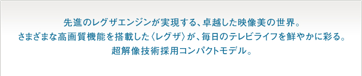 先進のレグザエンジンが実現する、卓越した映像美の世界。さまざまな高画質機能を搭載した〈レグザ〉が、毎日のテレビライフを鮮やかに彩る。超解像技術採用コンパクトモデル。
