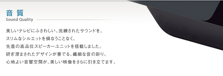 音質 Sound Quality -- 美しいテレビにふさわしい、洗練されたサウンドを。スリムなシルエットを損なうことなく、先進の高品位スピーカーユニットを搭載しました。研ぎ澄まされたデザインが奏でる、繊細な音の彩り。心地よい音響空間が、美しい映像をさらに引き立てます。