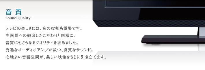 音質 Sound Quality -- テレビの楽しさには、音の役割も重要です。高画質への徹底したこだわりと同様に、音質にもさらなるクオリティを求めました。秀逸なオーディオアンプが放つ、良質なサウンド。心地よい音響空間が、美しい映像をさらに引き立てます。