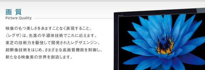 画質 Picture Quality -- 映像のもつ美しさをあますことなく表現すること。〈レグザ〉は、先進の半導体技術でこれに応えます。東芝の技術力を駆使して開発されたレグザエンジン。超解像技術をはじめ、さまざまな高画質機能を制御し、新たなる映像美の世界を創造します。