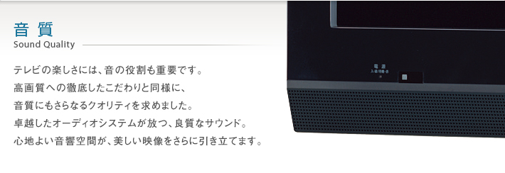 音質 Sound Quality -- テレビの楽しさには、音の役割も重要です。高画質への徹底したこだわりと同様に、音質にもさらなるクオリティを求めました。卓越したオーディオシステムが放つ、良質なサウンド。心地よい音響空間が、美しい映像をさらに引き立てます。