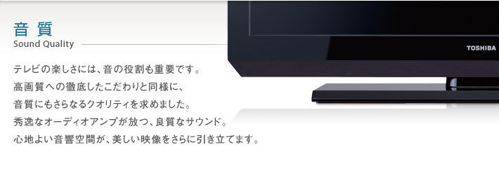 音質 Sound Quality -- テレビの楽しさには、音の役割も重要です。高画質への徹底したこだわりと同様に、音質にもさらなるクオリティを求めました。秀逸なオーディオアンプが放つ、良質なサウンド。心地よい音響空間が、美しい映像をさらに引き立てます。