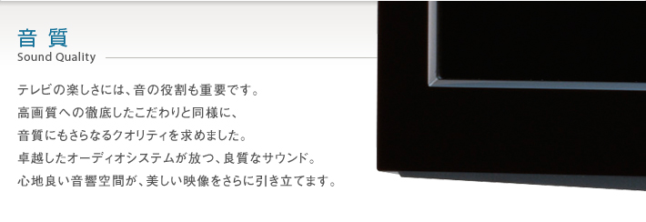 音質 Sound Quality -- テレビの楽しさには、音の役割も重要です。高画質への徹底したこだわりと同様に、音質にもさらなるクオリティを求めました。卓越したオーディオシステムが放つ、良質なサウンド。心地よい音響空間が、美しい映像をさらに引き立てます。