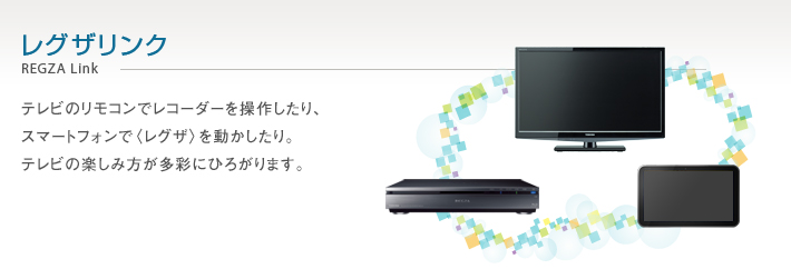 レグザリンク REGZA Link -- テレビのリモコンでレコーダーを操作したり、スマートフォンで〈レグザ〉を動かしたり。テレビの楽しみ方が多彩にひろがります。
