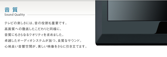 音質 Sound Quality -- テレビの楽しさには、音の役割も重要です。高画質への徹底したこだわりと同様に、音質にもさらなるクオリティを求めました。卓越したオーディオシステムが放つ、良質なサウンド。心地よい音響空間が、美しい映像をさらに引き立てます。