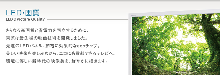 LED・画質 LED & Picture Quality -- さらなる高画質と省電力を両立するために、東芝は最先端の映像技術を開発しました。先進のLEDパネル、節電に効果的なecoチップ。美しい映像を楽しみながら、エコにも貢献できるテレビへ。環境に優しい新時代の映像美を、鮮やかに描きます。