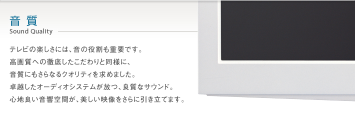 音質 Sound Quality -- テレビの楽しさには、音の役割も重要です。高画質への徹底したこだわりと同様に、音質にもさらなるクオリティを求めました。卓越したオーディオシステムが放つ、良質なサウンド。心地よい音響空間が、美しい映像をさらに引き立てます。