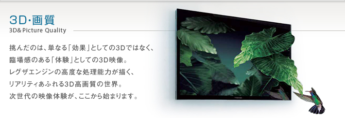 3D・画質 3D & Picture Quality -- 挑んだのは、単なる「効果」としての3Dではなく、臨場感のある「体験」としての3D映像。
レグザエンジンの高度な処理能力が描く、リアリティあふれる3D高画質の世界。次世代の映像体験が、ここから始まります。