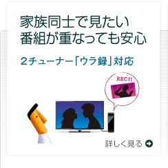 家族同士で見たい番組が重なっても安心 ２チューナー「ウラ録」対応