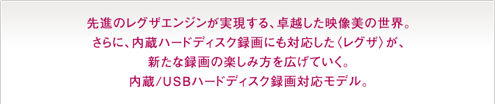 先進のレグザエンジンが実現する、卓越した映像美の世界。さらに、内蔵ハードディスク録画にも対応した〈レグザ〉が、新たな録画の楽しみ方を広げていく。内蔵/USBハードディスク録画対応モデル。