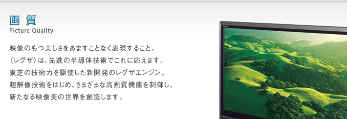 画質 Picture Quality -- 映像のもつ美しさをあますことなく表現すること。〈レグザ〉は、先進の半導体技術でこれに応えます。東芝の技術力を駆使した新開発のレグザエンジン。超解像技術をはじめ、さまざまな高画質機能を制御し、新たなる映像美の世界を創造します。