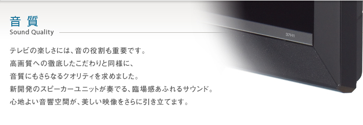 音質 Sound Quality -- テレビの楽しさには、音の役割も重要です。高画質への徹底したこだわりと同様に、音質にもさらなるクオリティを求めました。新開発のスピーカーユニットが奏でる、臨場感あふれるサウンド。心地よい音響空間が、美しい映像をさらに引き立てます。
