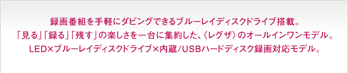 録画番組を手軽にダビングできるブルーレイディスクドライブ搭載。「見る」「録る」「残す」の楽しさを一台に集約した、〈レグザ〉のオールインワンモデル。LED×ブルーレイディスクドライブ×内蔵/USBハードディスク録画対応モデル。