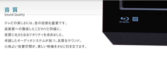 音質 Sound Quality -- テレビの楽しさには、音の役割も重要です。高画質の徹底したこだわりと同様に、音質にもさらなるクオリティを求めました。卓越したオーディオシステムが放つ、良質なサウンド。心地よい音響空間が、美しい映像をさらに引き立てます。