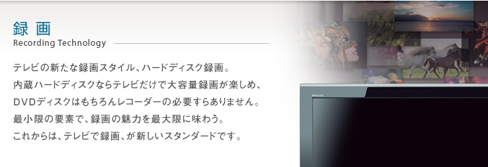録画 Recording Technology -- テレビの新たな録画スタイル、ハードディスク録画。内蔵ハードディスクならテレビだけで大容量録画が楽しめ、DVDディスクはもちろんレコーダーの必要すらありません。最小限の要素で、録画の魅力を最大限に味わう。これからは、テレビで録画、が新しいスタンダードです。