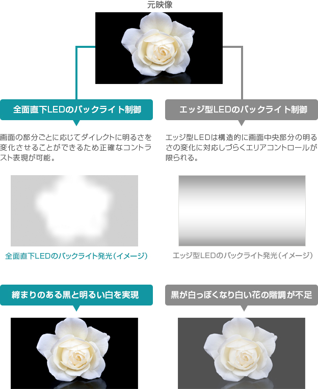 「コントラストに差がでるエッジ型LEDと全面直下LEDのバックライト制御」イメージ