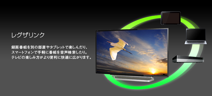 レグザリンク 録画番組を別の部屋やタブレットで楽しんだり、スマートフォンで手軽に番組を音声検索したり。テレビの楽しみ方がより便利に快適に広がります。