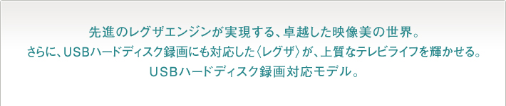 先進のレグザエンジンが実現する、卓越した映像美の世界。さらに、USBハードディスク録画にも対応した〈レグザ〉が、テレビライフを上質に変えていく。USBハードディスク録画対応モデル。