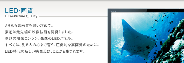 LED・画質 LED & Picture Quality -- さらなる高画質を追い求めて。東芝は最先端の映像技術を開発しました。卓越の映像エンジン、先進のLEDパネル。すべては、見る人の心まで奪う、圧倒的な高画質のために。LED時代の新しい映像美は、ここから生まれます。