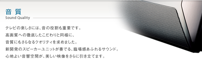 音質 Sound Quality -- テレビの楽しさには、音の役割も重要です。高画質への徹底したこだわりと同様に、音質にもさらなるクオリティを求めました。新開発のスピーカーユニットが奏でる、臨場感あふれるサウンド。心地よい音響空間が、美しい映像をさらに引き立てます。