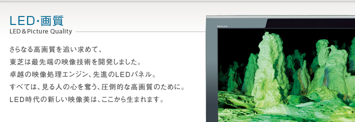 LED・画質 LED&Picture Quality -- さらなる高画質を追い求めて、東芝は最先端の映像技術を開発しました。卓越の映像処理エンジン、先進のLEDパネル。すべては、見る人の心を奪う、圧倒的な高画質のために。LED時代の新しい映像美は、ここから生まれます。