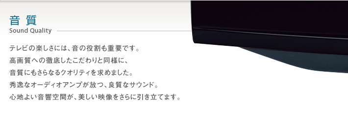 音質 Sound Quality -- テレビの楽しさには、音の役割も重要です。高画質への徹底したこだわりと同様に、音質にもさらなるクオリティを求めました。秀逸なオーディオアンプが放つ、良質なサウンド。心地よい音響空間が、美しい映像をさらに引き立てます。