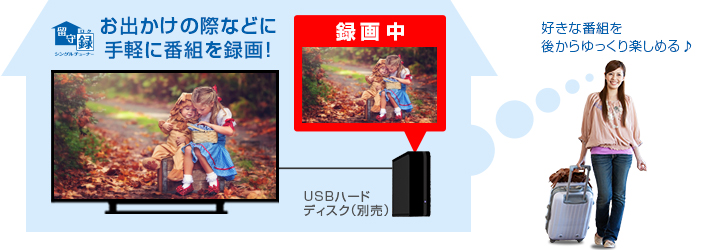 「シングルチューナー留守録」対応（USBハードディスク録画）」: イメージ